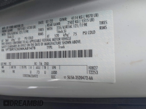 2022 Ford Transit Cargo with VIN 1FTBR1C83NKA81478, listed as a IAAI auction lot 42491735 with 12,902 mi miles and . Bid and sale history available at DreamBid. Image 9.