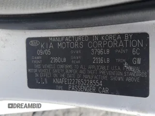 2006 Kia Spectra EX with VIN KNAFE122765228554, listed as a Copart auction lot 78458004 with 154,085 mi miles and Clean Title. Bid and sale history available at carsss.com. Image 12.