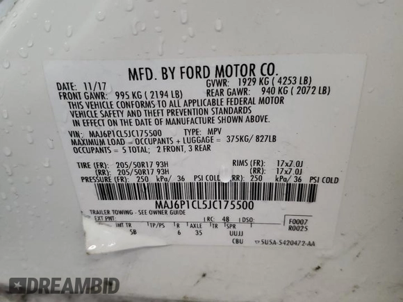 2018 Ford EcoSport SES with VIN MAJ6P1CL5JC175500, listed as a Copart auction lot 51215115 with Not Provided miles and Salvage Title. Bid and sale history available at DreamBid. Image 14.