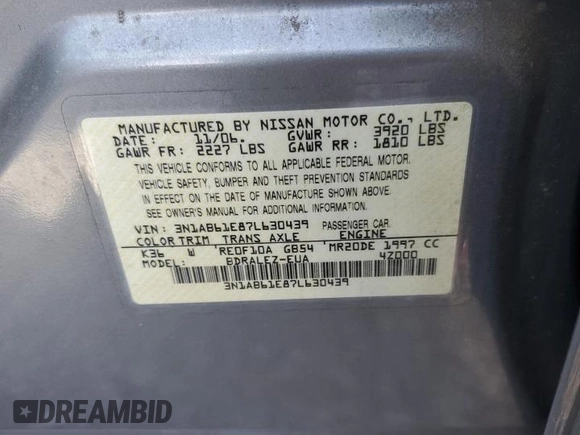 2007 Nissan Sentra S with VIN 3N1AB61E87L630439, listed as a Copart auction lot 52330545 with 70,257 mi miles and Salvage title. Bid and sale history available at DreamBid. Image 14.