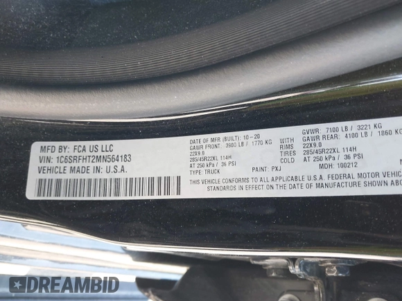 2021 Ram 1500 Limited with VIN 1C6SRFHT2MN564183, listed as a IAAI auction lot 41965741 with 48,993 mi miles and . Bid and sale history available at DreamBid. Image 9.