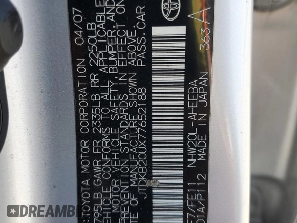 2007 Toyota Prius with VIN JTDKB20UX77652188, listed as a Copart auction lot 60086705 with 286,718 mi miles and Salvage title. Bid and sale history available at DreamBid. Image 12.
