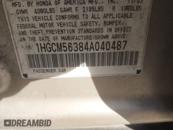 2004 Honda Accord LX с VIN 1HGCM56384A040487, выставлен на аукционе IAAI как лот 40834172 с пробегом 264 707 миль миль и . История ставок и продаж доступна на DreamBid. Изображение 9.
