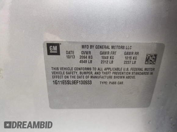 2014 Chevrolet Malibu LT with VIN 1G11E5SL9EF130933, listed as a Copart auction lot 51167775 with 134,153 mi miles and Salvage Title. Bid and sale history available at DreamBid. Image 12.