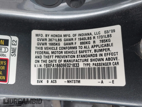 2009 Honda Civic LX-S z VIN 19XFA16609E021833, wystawiony jako IAAI lot #41613501 z przebiegiem 175 714 mil mil oraz . Historia ofert i sprzedaży dostępna na DreamBid. Obrazek 9.