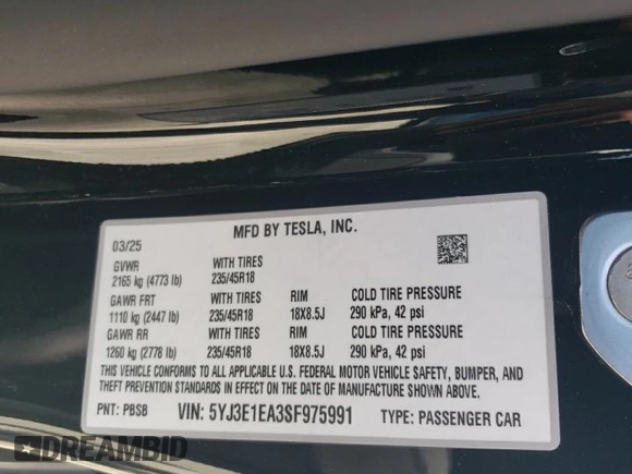 2025 Tesla Model 3 Long Range z VIN 5YJ3E1EA3SF975991, wystawiony jako Copart lot #55629765 z przebiegiem Nie podano mil oraz Szkoda całkowita • Salvage title. Historia ofert i sprzedaży dostępna na DreamBid. Obrazek 12.