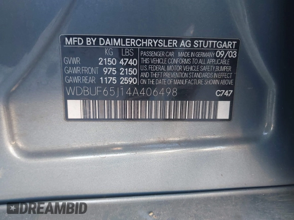 2004 Mercedes-Benz E 320 with VIN WDBUF65J14A406498, listed as a IAAI auction lot 41770209 with 218,514 mi miles and . Bid and sale history available at carsss.com. Image 9.