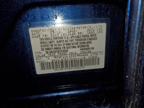 2019 Nissan Sentra S with VIN 3N1AB7AP2KY236695, listed as a Copart auction lot 37137603 with 31,591 mi miles. Bid and sale history available at carsss.com. Image 14.