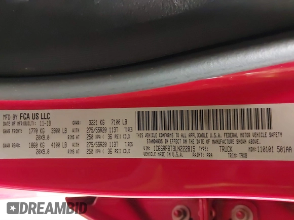 2020 Ram 1500 Big Horn with VIN 1C6SRFBT3LN222815, listed as a IAAI auction lot 41843105 with 45,276 mi miles. Bid and sale history available at carsss.com. Image 9.
