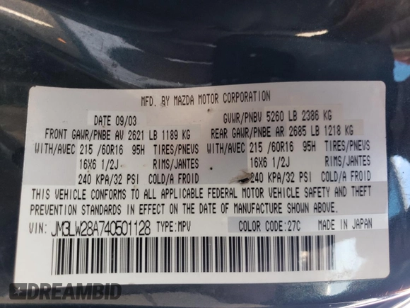 2004 Mazda MPV LX with VIN JM3LW28A740501128, listed as a Copart auction lot 48497405 with 277,365 mi miles and Salvage Title. Bid and sale history available at carsss.com. Image 13.