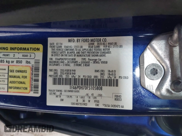 2015 Ford Fusion SE with VIN 1FA6P0H70F5105808, listed as a IAAI auction lot 42133372 with 121,413 mi miles and . Bid and sale history available at DreamBid. Image 9.