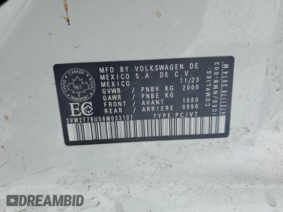 2024 Volkswagen Jetta GLI Autobahn with VIN 3VW2T7BU5RM033107, listed as a Copart auction lot 45463305 with 27,698 mi miles and Salvage Title. Bid and sale history available at DreamBid. Image 13.