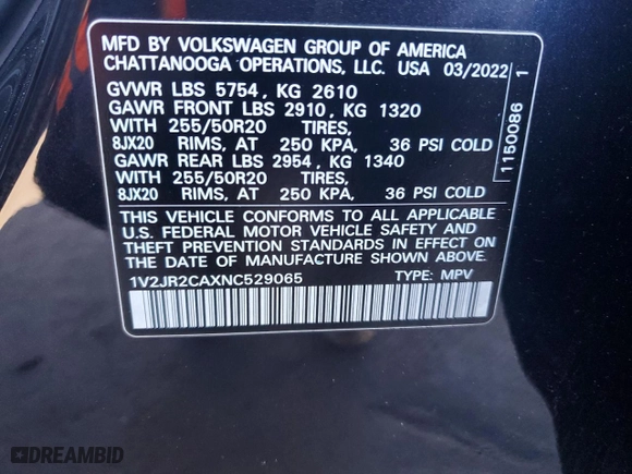 2022 Volkswagen Atlas 3.6L V6 SE w/Technology with VIN 1V2JR2CAXNC529065, listed as a Copart auction lot 47360925 with 88,277 mi miles and Salvage Title. Bid and sale history available at carsss.com. Image 15.