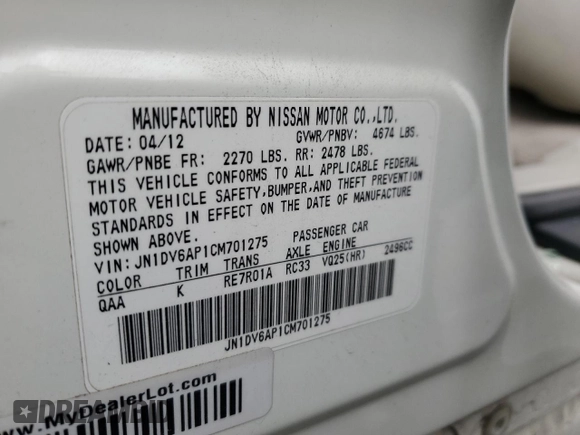 2012 Infiniti G25 Journey with VIN JN1DV6AP1CM701275, listed as a Copart auction lot 54253555 with 113,662 mi miles and Salvage title. Bid and sale history available at DreamBid. Image 12.