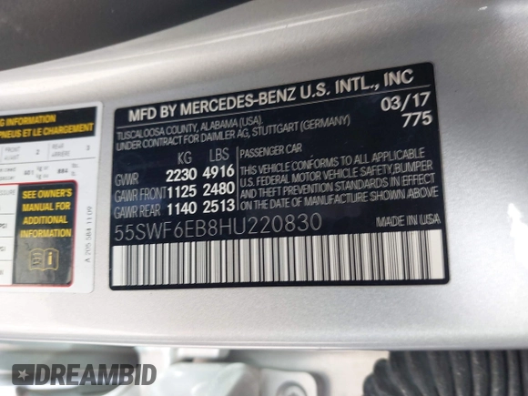 2017 Mercedes-Benz C 43 AMG with VIN 55SWF6EB8HU220830, listed as a IAAI auction lot 41287273 with 49,440 mi miles and . Bid and sale history available at DreamBid. Image 9.