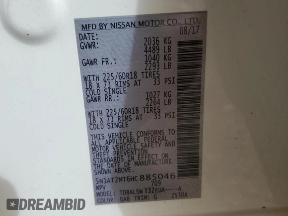 2017 Nissan Rogue SL с VIN 5N1AT2MT6HC885046, выставлен на аукционе Copart как лот 49411755 с пробегом 106 847 миль миль и Списание • Salvage title. История ставок и продаж доступна на DreamBid. Изображение 15.
