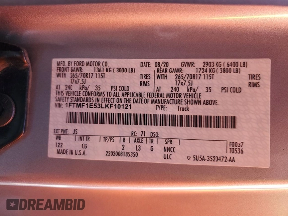 2020 Ford F-150 XL z VIN 1FTMF1E53LKF10121, wystawiony jako Copart lot #87309104 z przebiegiem 45 411 mil mil oraz Szkoda całkowita • Salvage title. Historia ofert i sprzedaży dostępna na DreamBid. Obrazek 13.