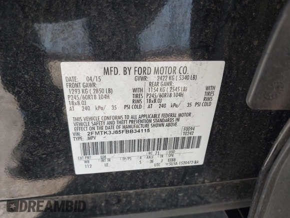 2015 Ford Edge SEL with VIN 2FMTK3J85FBB34115, listed as a IAAI auction lot 41813644 with 143,099 mi miles. Bid and sale history available at carsss.com. Image 9.
