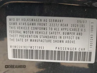 2007 Volkswagen Rabbit with VIN WVWCS91K27W271953, listed as a IAAI auction lot 42617183 with 167,380 mi miles and . Bid and sale history available at DreamBid. Image 9.