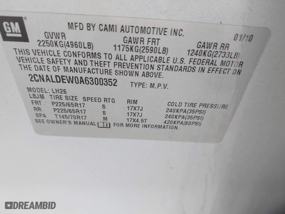 2010 Chevrolet Equinox LT w/1LT with VIN 2CNALDEW0A6300352, listed as a IAAI auction lot 41871661 with 177,078 mi miles. Bid and sale history available at carsss.com. Image 9.