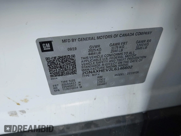 2020 Chevrolet Equinox LS with VIN 2GNAXHEV2L6146602, listed as a IAAI auction lot 41807641 with 68,053 mi miles and . Bid and sale history available at DreamBid. Image 9.