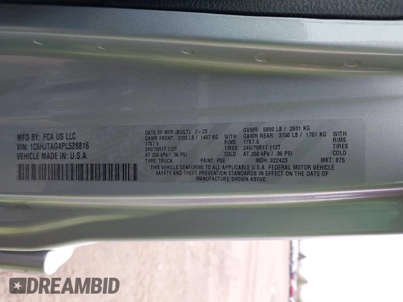 2023 Jeep Gladiator Sport S с VIN 1C6HJTAG4PL528816, выставлен на аукционе IAAI как лот 41512720 с пробегом 49 873 миль миль и . История ставок и продаж доступна на DreamBid. Изображение 9.