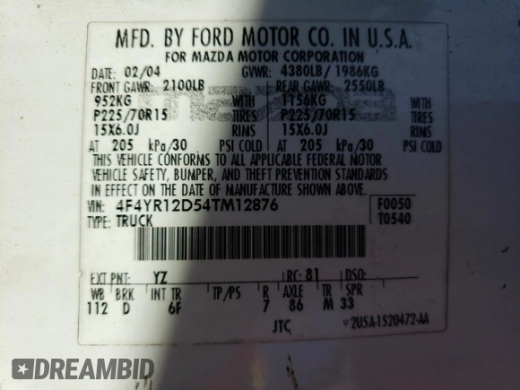 2004 Mazda B-Series 2WD Truck with VIN 4F4YR12D54TM12876, listed as a Copart auction lot 74565274 with 207,480 mi miles and Non Repairable. Bid and sale history available at carsss.com. Image 12.