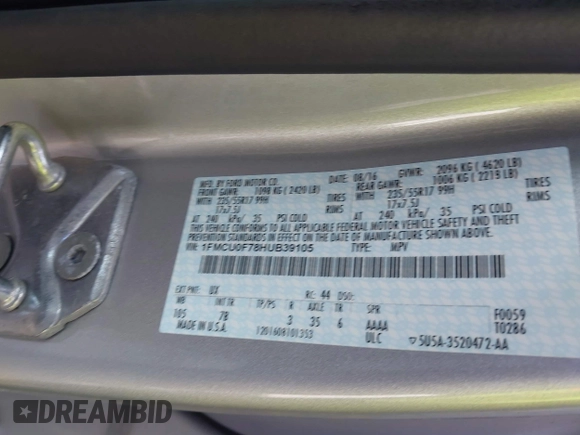 2017 Ford Escape S with VIN 1FMCU0F78HUB39105, listed as a IAAI auction lot 42119588 with 92,034 mi miles. Bid and sale history available at carsss.com. Image 9.