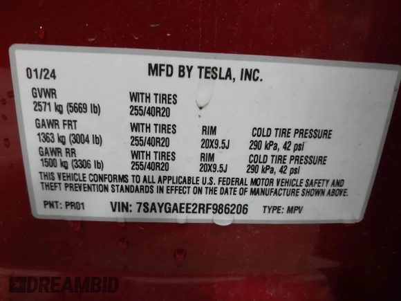 2024 Tesla Model Y Long Range with VIN 7SAYGAEE2RF986206, listed as a IAAI auction lot 42177852 with 14,399 mi miles and . Bid and sale history available at DreamBid. Image 9.