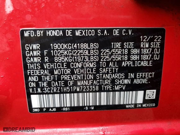 2023 Honda HR-V Sport with VIN 3CZRZ1H51PM723358, listed as a Copart auction lot 49789125 with 19,440 mi miles and Salvage Title. Bid and sale history available at carsss.com. Image 14.