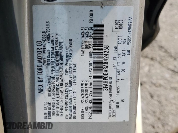 2010 Ford Fusion S with VIN 3FAHP0GA3AR424258, listed as a Copart auction lot 67817944 with 108,232 mi miles and Salvage Title. Bid and sale history available at carsss.com. Image 14.