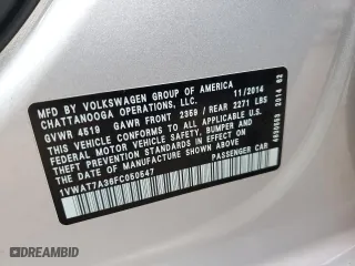 2015 Volkswagen Passat 1.8T Wolfsburg Ed with VIN 1VWAT7A36FC050547, listed as a Copart auction lot 83922244 with 82,191 mi miles and Salvage Title. Bid and sale history available at carsss.com. Image 14.