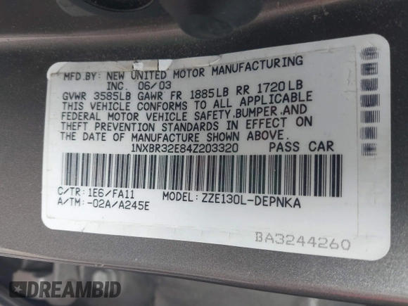 2004 Toyota Corolla CE with VIN 1NXBR32E84Z203320, listed as a IAAI auction lot 41851388 with 175,084 mi miles. Bid and sale history available at carsss.com. Image 9.
