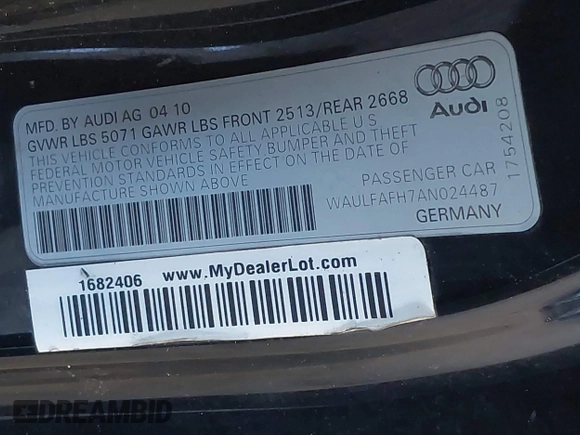 2010 Audi A5 Premium Plus z VIN WAULFAFH7AN024487, wystawiony jako IAAI lot #41574470 z przebiegiem 116 074 mil mil oraz . Historia ofert i sprzedaży dostępna na DreamBid. Obrazek 9.