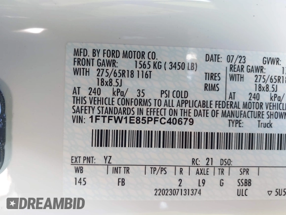 2023 Ford F-150 XL with VIN 1FTFW1E85PFC40679, listed as a IAAI auction lot 41197863 with 12,478 mi miles. Bid and sale history available at carsss.com. Image 9.