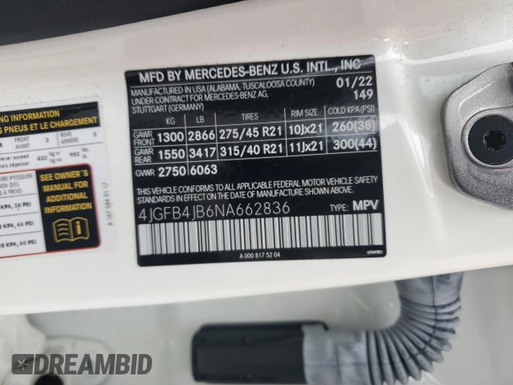 2022 Mercedes-Benz GLE 350 with VIN 4JGFB4JB6NA662836, listed as a Copart auction lot 58397305 with 80,763 mi miles and Salvage title. Bid and sale history available at DreamBid. Image 12.