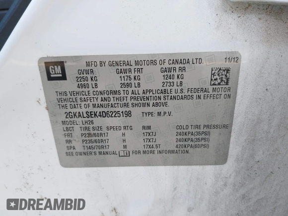 2013 GMC Terrain SLE with VIN 2GKALSEK4D6225198, listed as a IAAI auction lot 42549725 with 176,112 mi miles and . Bid and sale history available at DreamBid. Image 9.