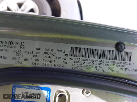 2019 Ram 1500 Tradesman z VIN 3C6RR6KG0KG705946, wystawiony jako IAAI lot #42217999 z przebiegiem 99 460 mil mil oraz . Historia ofert i sprzedaży dostępna na DreamBid. Obrazek 9.