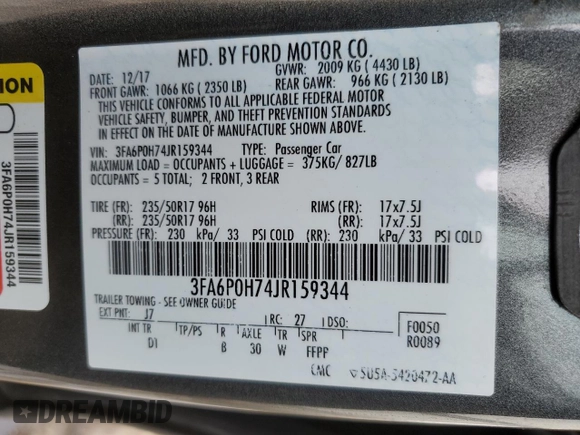 2018 Ford Fusion SE with VIN 3FA6P0H74JR159344, listed as a Copart auction lot 46399475 with 86,536 mi miles and Clean Title. Bid and sale history available at carsss.com. Image 12.
