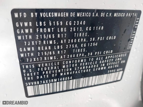 2024 Volkswagen Tiguan S with VIN 3VVRB7AX3RM146054, listed as a IAAI auction lot 41070662 with 4,756 mi miles. Bid and sale history available at carsss.com. Image 9.
