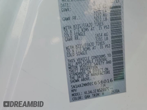 2014 Nissan Pathfinder Platinum with VIN 5N1AR2MN9EC656016, listed as a Copart auction lot 56662885 with 117,366 mi miles and Salvage title. Bid and sale history available at DreamBid. Image 13.