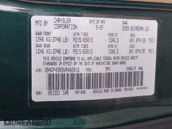 1997 Dodge Caravan SE with VIN 2B4GP45R3VR402016, listed as a IAAI auction lot 42131557 with Not Provided miles and . Bid and sale history available at carsss.com. Image 9.