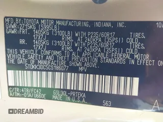 2012 Toyota Sienna LE AAS with VIN 5TDKK3DC5CS186077, listed as a IAAI auction lot 40265988 with 130,888 mi miles and . Bid and sale history available at DreamBid. Image 9.