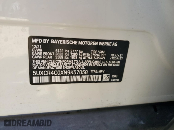 2022 BMW X5 sDrive40i with VIN 5UXCR4C0XN9K57058, listed as a Copart auction lot 46687245 with 9,347 mi miles and Salvage Title. Bid and sale history available at carsss.com. Image 13.
