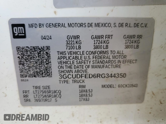 2024 Chevrolet Silverado 1500 with VIN 3GCUDFED6RG344350, listed as a Copart auction lot 52120675 with Not Provided miles and Salvage Title. Bid and sale history available at DreamBid. Image 12.