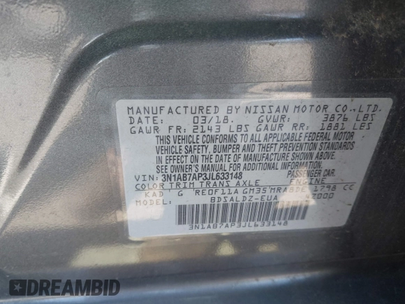 2018 Nissan Sentra SV with VIN 3N1AB7AP3JL633148, listed as a IAAI auction lot 41983588 with 148,479 mi miles and . Bid and sale history available at DreamBid. Image 9.