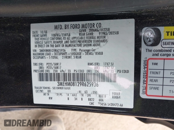 2009 Mercury Milan Premier with VIN 3MEHM08129R625936, listed as a IAAI auction lot 41539778 with 44,677 mi miles and . Bid and sale history available at DreamBid. Image 9.