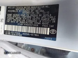 2012 Toyota Camry L with VIN 4T4BF1FK0CR272858, listed as a IAAI auction lot 42000953 with 130,612 mi miles. Bid and sale history available at carsss.com. Image 9.