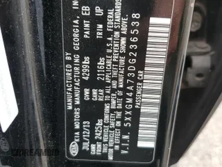 2013 Kia Optima LX z VIN 5XXGM4A73DG236538, wystawiony jako Copart lot #54799965 z przebiegiem 176 640 mil mil oraz Szkoda całkowita • Salvage title. Historia ofert i sprzedaży dostępna na DreamBid. Obrazek 12.