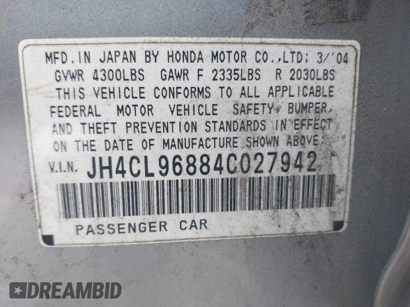 2004 Acura TSX с VIN JH4CL96884C027942, выставлен на аукционе IAAI как лот 42507543 с пробегом 309 189 миль миль и . История ставок и продаж доступна на DreamBid. Изображение 9.